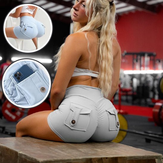 Détail des poches cargo du short sport femme, pratique pour téléphone pendant l'entraßnement