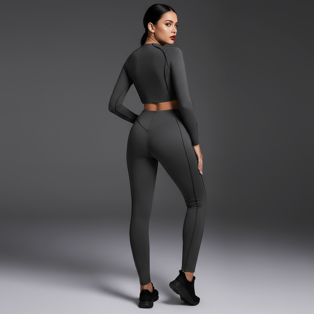 Femme en tenue yoga gris foncé, debout dos à la caméra, visage visible, fond sombre