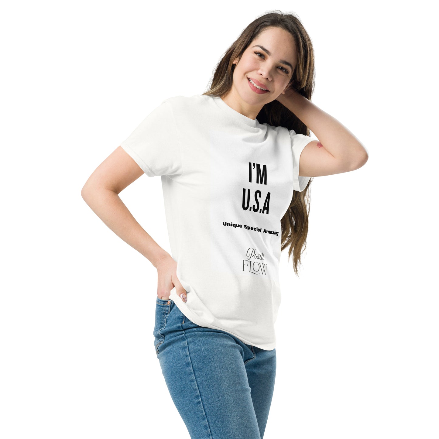 Gros plan sur l'impression du design i'm USA sur un t-shirt en coton