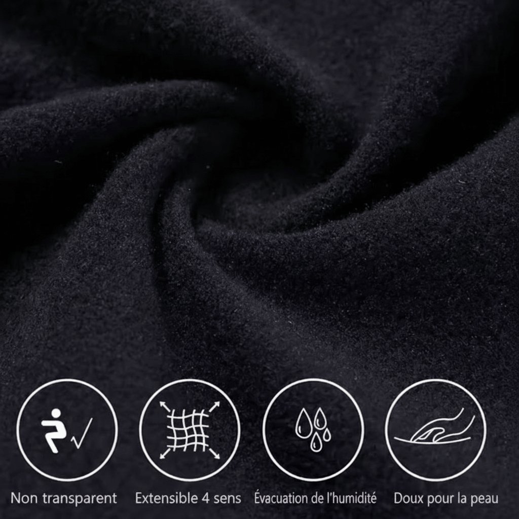 Doublure polaire du legging vue de près : maille grattée dense, non transparente, extensible 4 sens