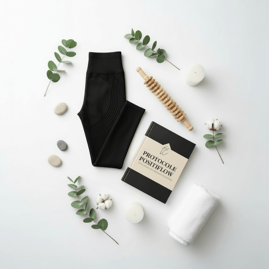 Pack Positiflow : Protocole Peau Lisse & Tonique, chaussettes/noeud noir avec fiche produit, eucalyptus et galets sur fond clair.
