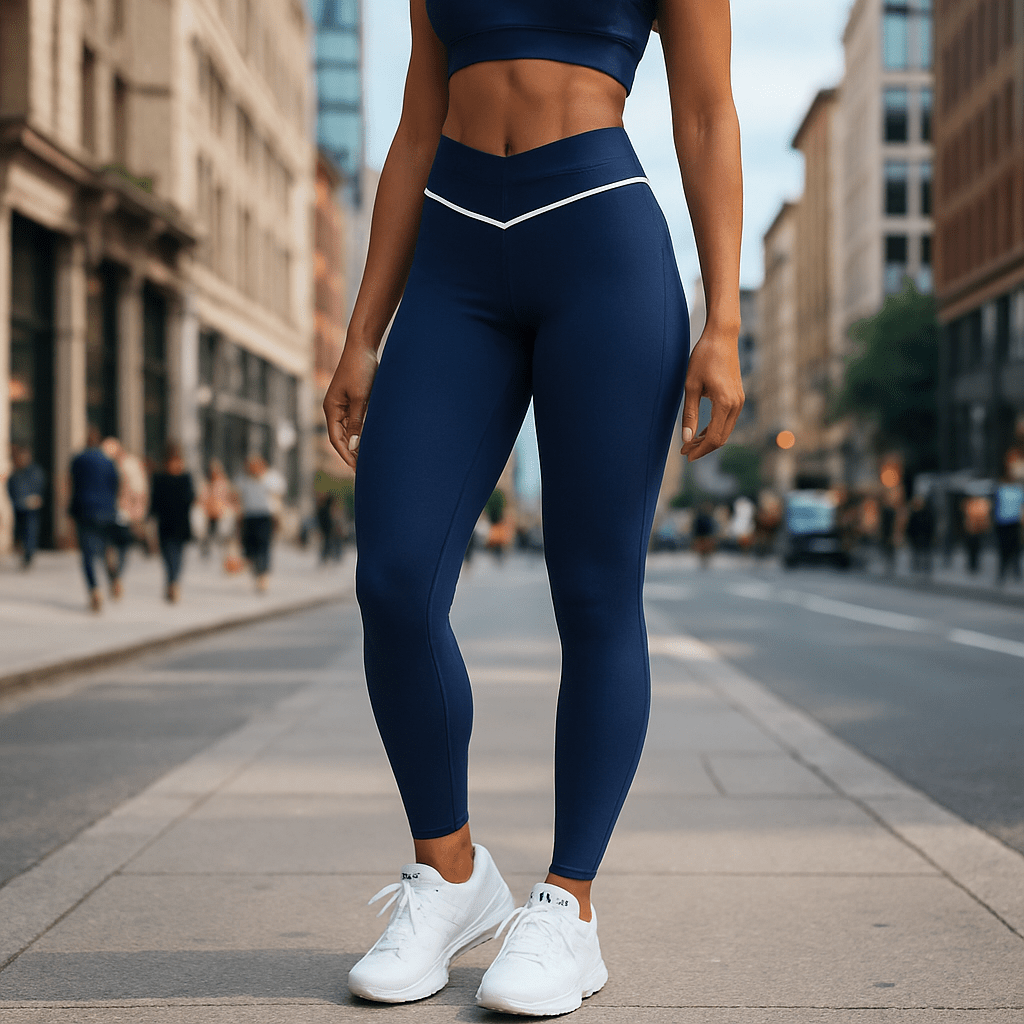 Legging sport crossover femme bleu, design élégant et moderne pour combiner performance et style sans effort