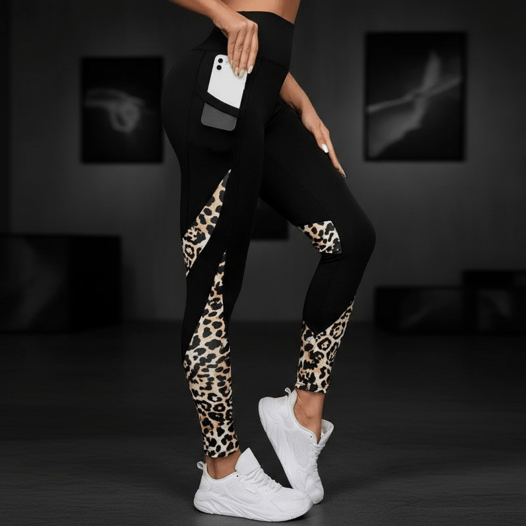 Legging léopard noir avec poches sécurisées pour téléphone et clés, pratique