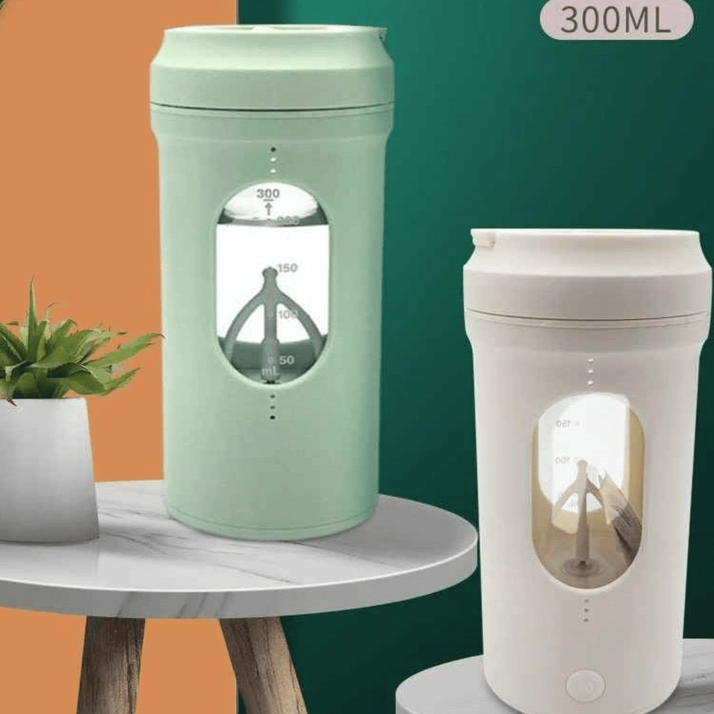 Montage montrant les deux coloris disponibles : shaker électrique Positiflow vert et beige