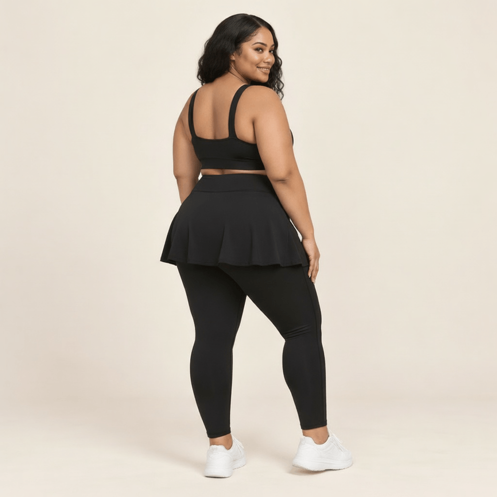 Jupe legging grande taille noire vue de dos, couverture complète des fesses
