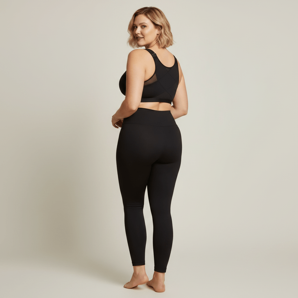 Brassière grande taille noire femme vue dos complet pose élégante pieds nus dos croisé mesh studio