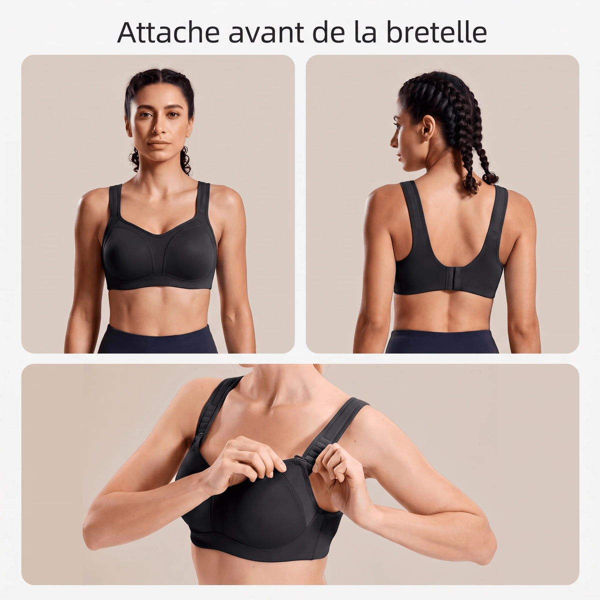 Brassière de sport noire avec attache avant de la bretelle, de face et de dos