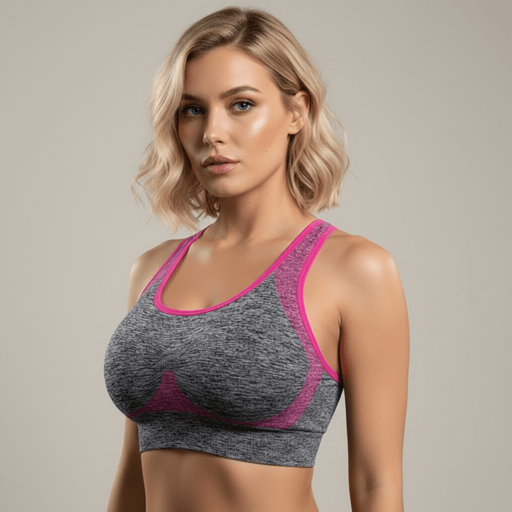 Brassière Sport Sans Armature Femme chiné gris avec liserés fuchsia, pose portrait 3/4, studio minimaliste gris clair.