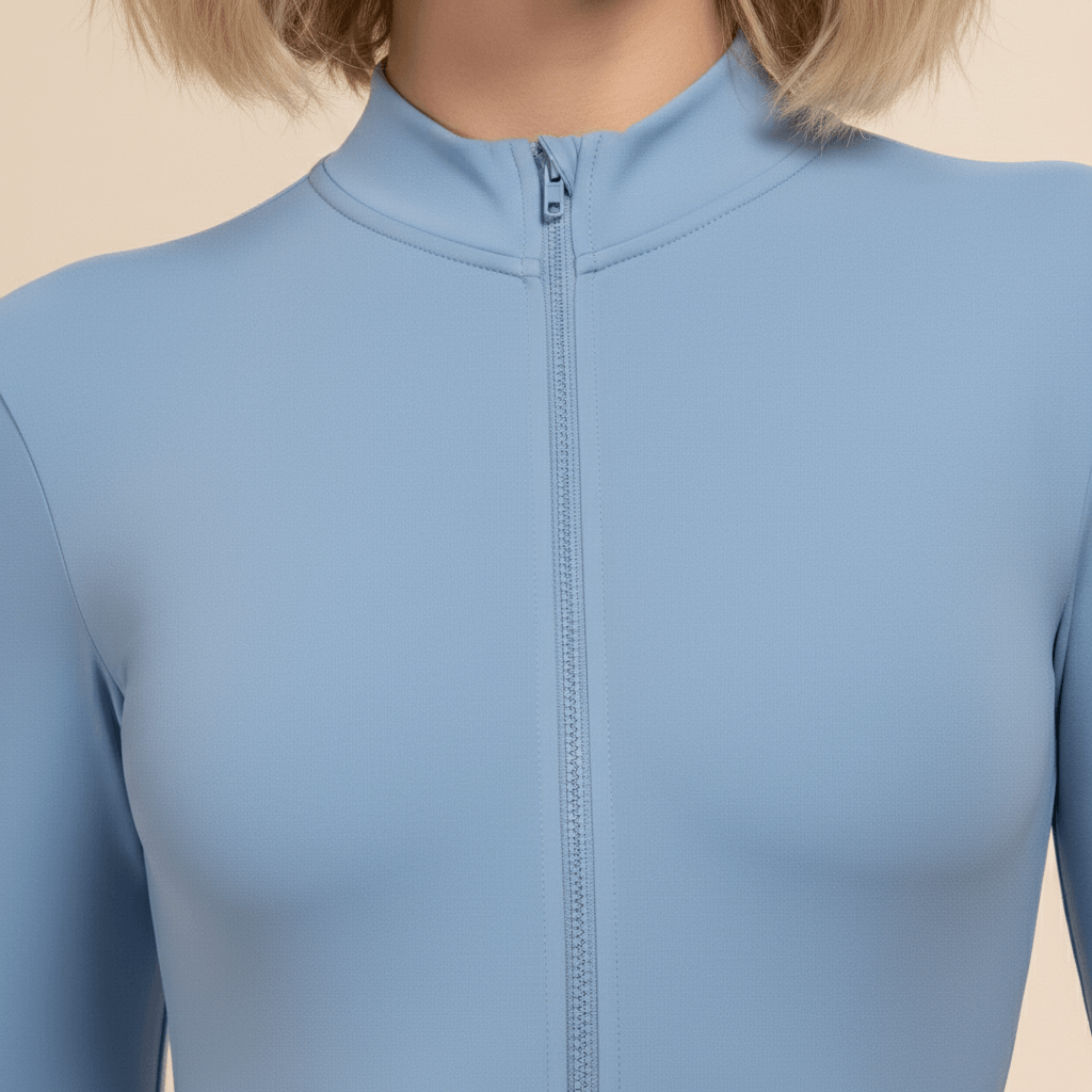 Zoom détail fermeture éclair demi-zip combinaison yoga femme bleu ciel – col montant tissu seamless moulant en studio ivoire