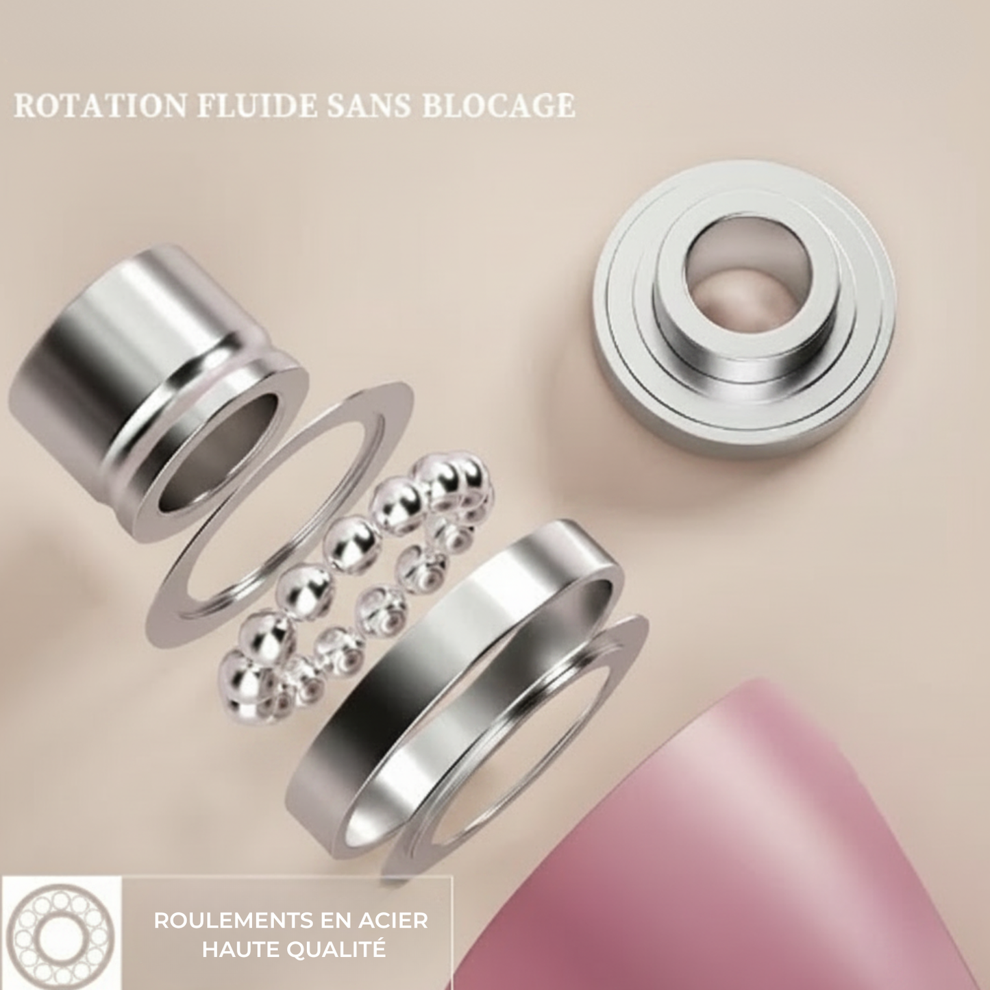 Corde à Sauter Sans Corde, infographie roulements en acier haute qualite, rotation fluide sans blocage, fond ivoire doux, visuel e-commerce