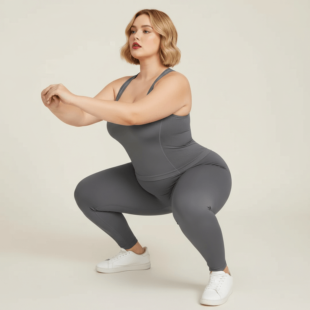 Débardeur femme grande taille gris gainant seamless pose squat fond studio crème