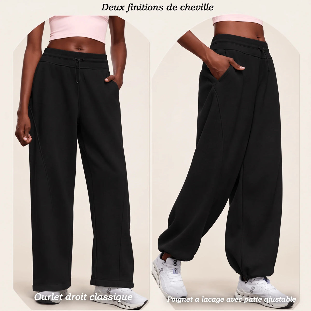 Les deux finitions de cheville du jogging polaire femme : ourlet droit classique ou poignet resserré par laçage