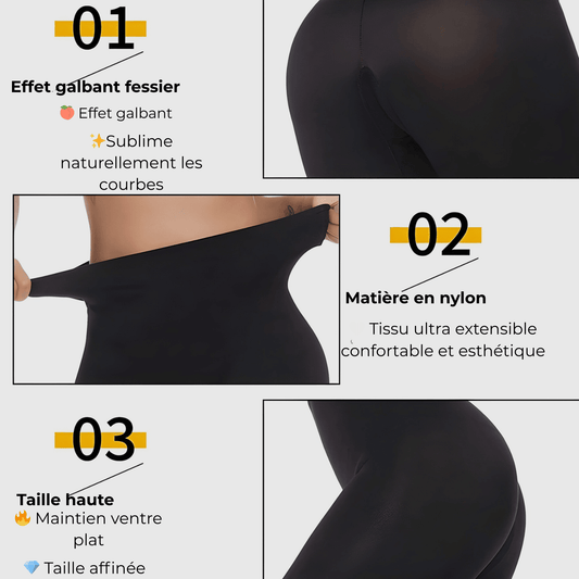 Infographie legging anti cellulite : effet galbant fessier, matière en nylon extensible, taille haute gainante