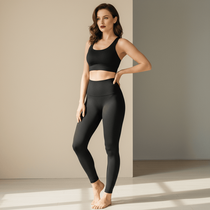 Legging gainant noir taille haute Positiflow porté de face, ceinture baleinée au-dessus du nombril