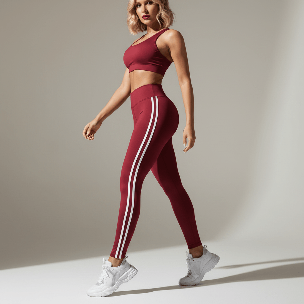 Femme blonde portant un legging rayé bordeaux à doubles bandes blanches et une brassière assortie, baskets blanches, vue 3/4 avec visage visible, studio gris clair.