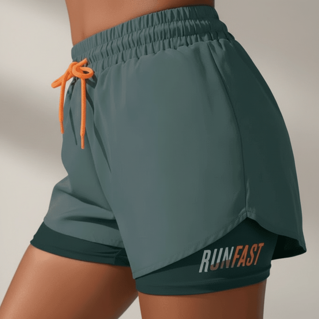 Short running loose femme vert teal – zoom détail cordon orange, logo RUNFAST, double couche compression