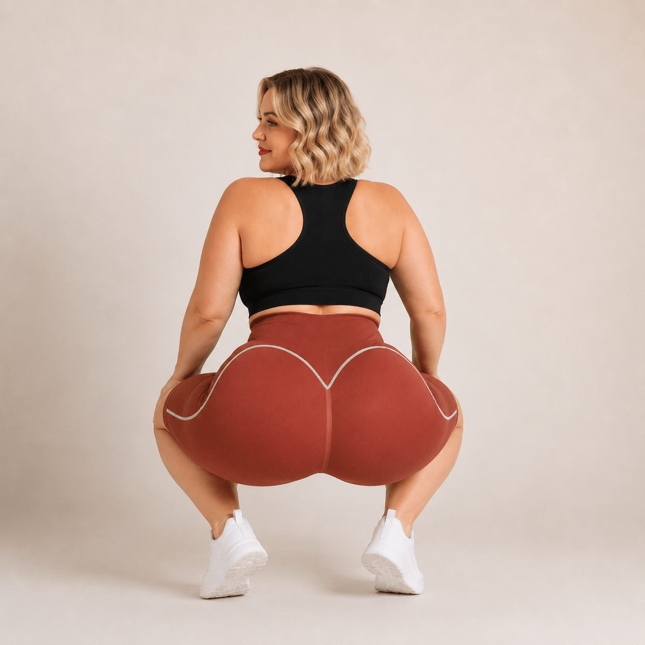 Short sport femme grande taille seamless terracotta squat-proof, taille haute gainante et liserés blancs contrastés, pose squat en studio.