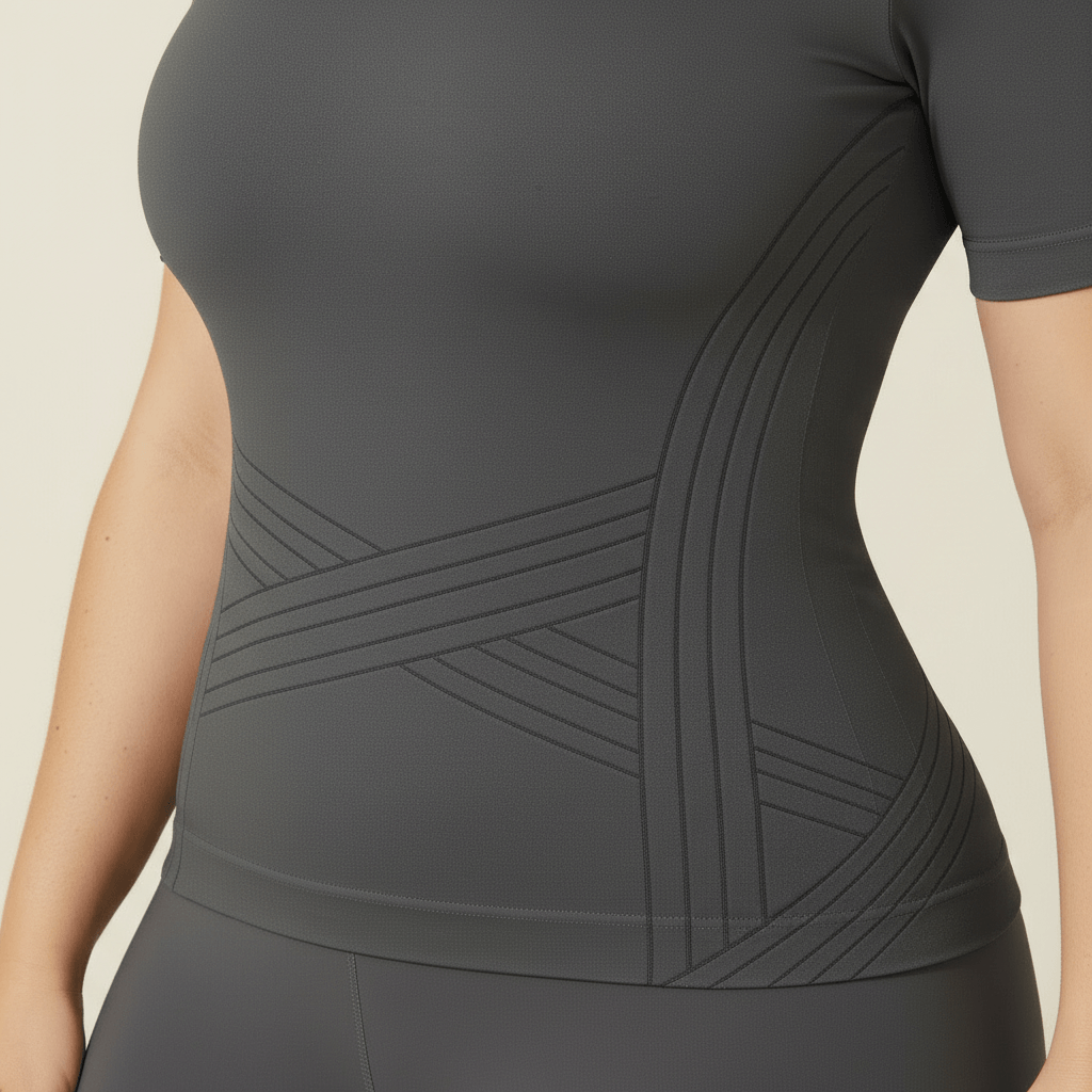 Gros plan du relief 3D en croisillon sur la taille du t-shirt de compression femme gris foncé.