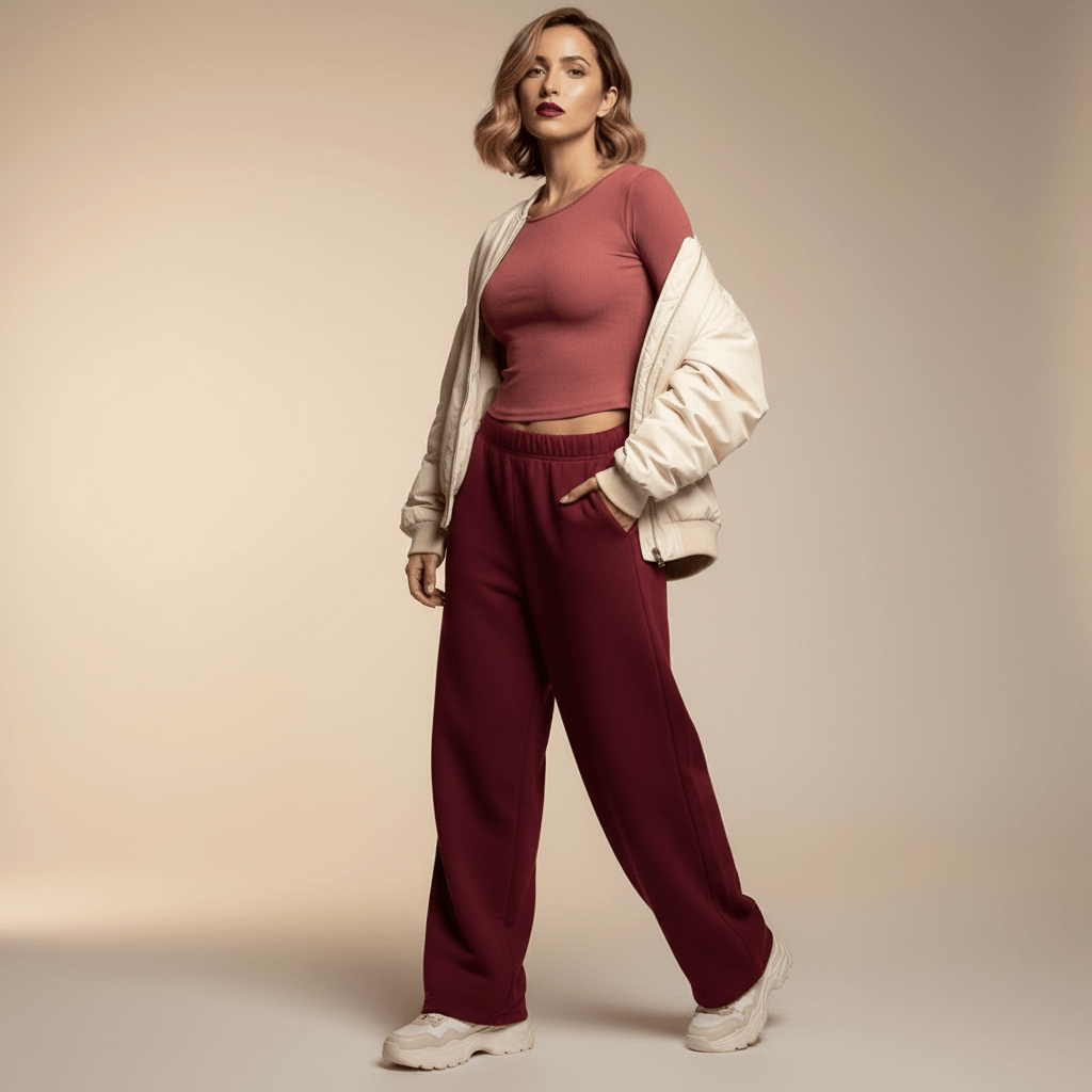Tshirt manche longue femme dos nu crop rose – look streetwear athleisure, pantalon loose bordeaux, veste bomber crème, sneakers tendance, fond studio ivoire