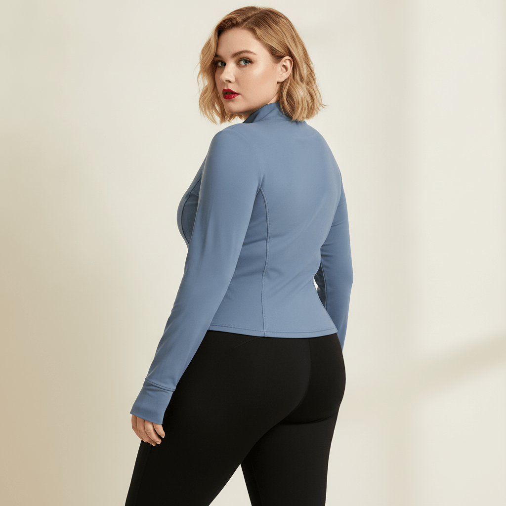 Veste de sport grande taille femme bleu-gris zippée, col montant et coupe cintrée, vue de dos avec mannequin visible, portée avec legging noir en studio fond crème.