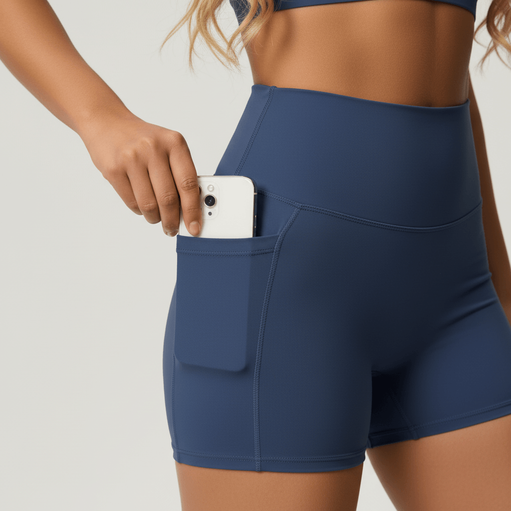 Vêtement de yoga femme short bleu ardoise zoom poche latérale téléphone, short taille haute fonctionnel
