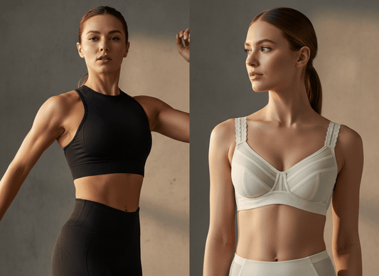 comparaison entre soutien gorge sport et brassiere sport avec deux femmes portant deux modèles différents dans une ambiance premium