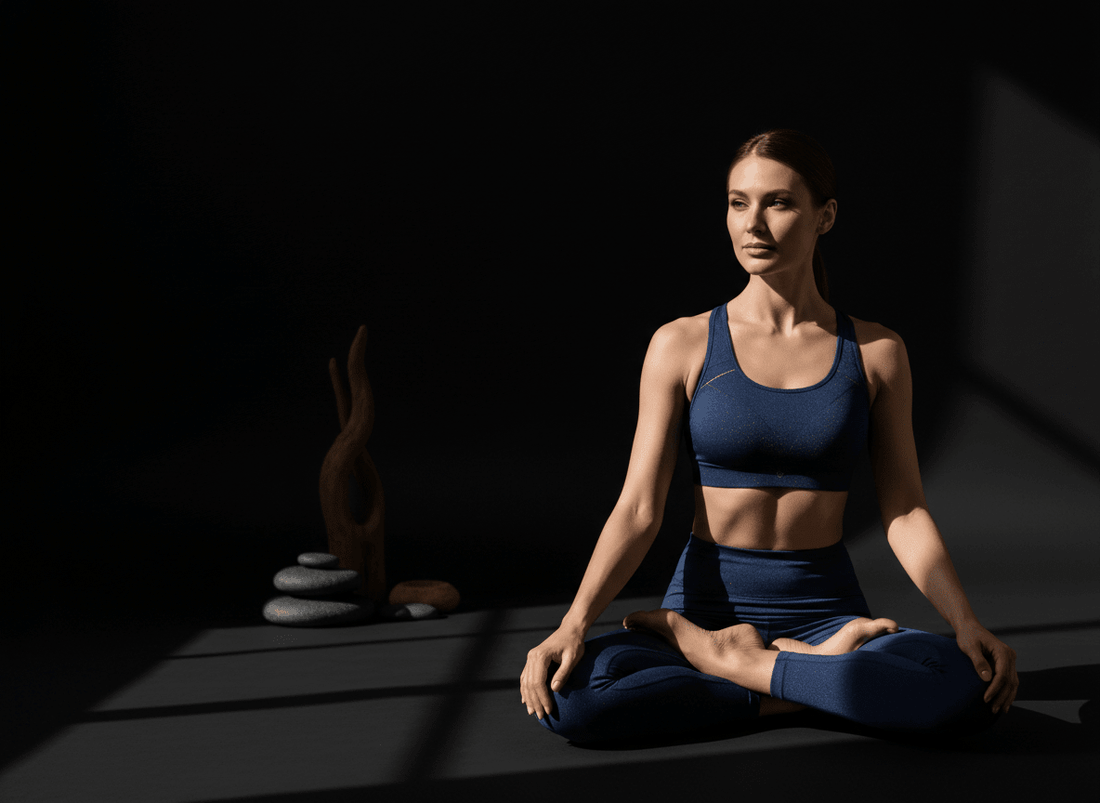 Femme en pose yoga douce portant une brassière yoga premium confortable avec liberté de mouvement absolue dans une ambiance zen sombre luxe