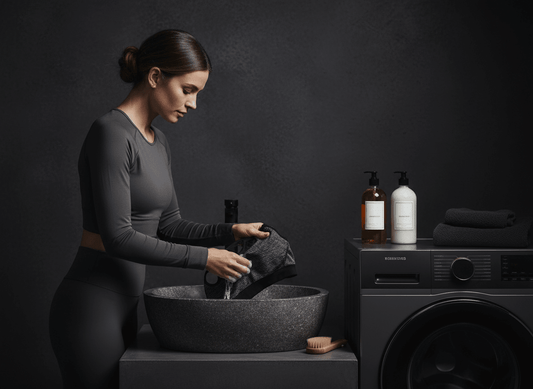 femme lavant une brassiere sport à la main dans une salle de bain sombre premium à côté d’une machine à laver