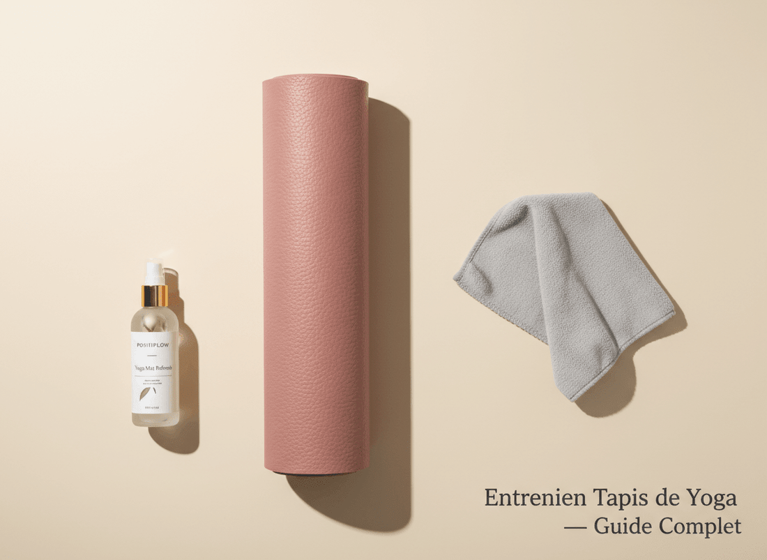 tapis de yoga sur fond beige avec spray nettoyant aux huiles essentielles et chiffon microfibre, entretien tapis de yoga guide complet