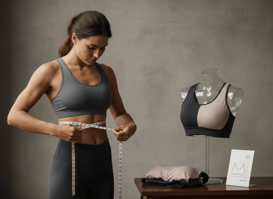 guide de taille brassiere sport avec femme prenant ses mesures sous poitrine à côté d’un modèle de brassiere sur mannequin
