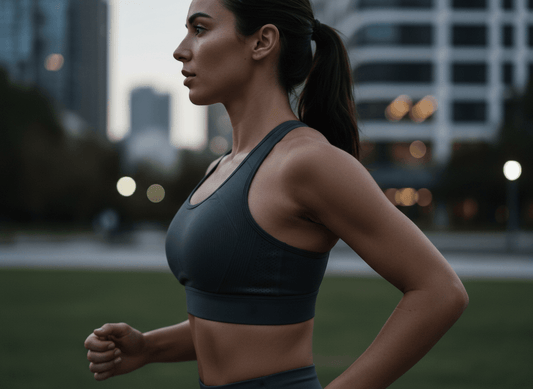 femme portant une brassiere running en profil dans un environnement urbain pour illustrer le maintien pendant la course