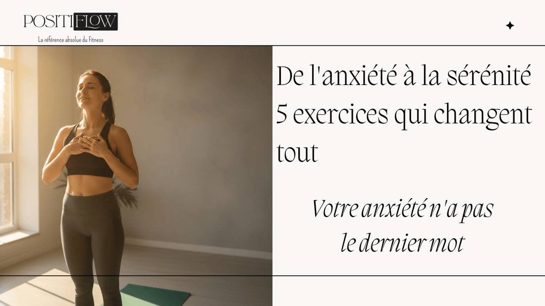 Femme en legging gris et crop top noir libérée de l'anxiété grâce au sport sur tapis yoga vert - Article Positiflow