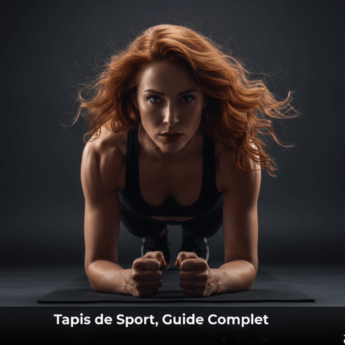 Femme en planche face caméra, regard concentré, sur tapis de yoga noir, ambiance mystérieuse studio, guide complet tapis de sport POSITIFLOW