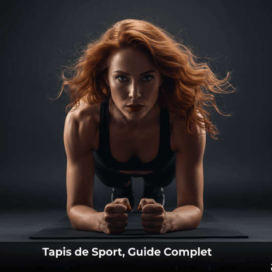 Femme en planche face caméra, regard concentré, sur tapis de yoga noir, ambiance mystérieuse studio, guide complet tapis de sport POSITIFLOW