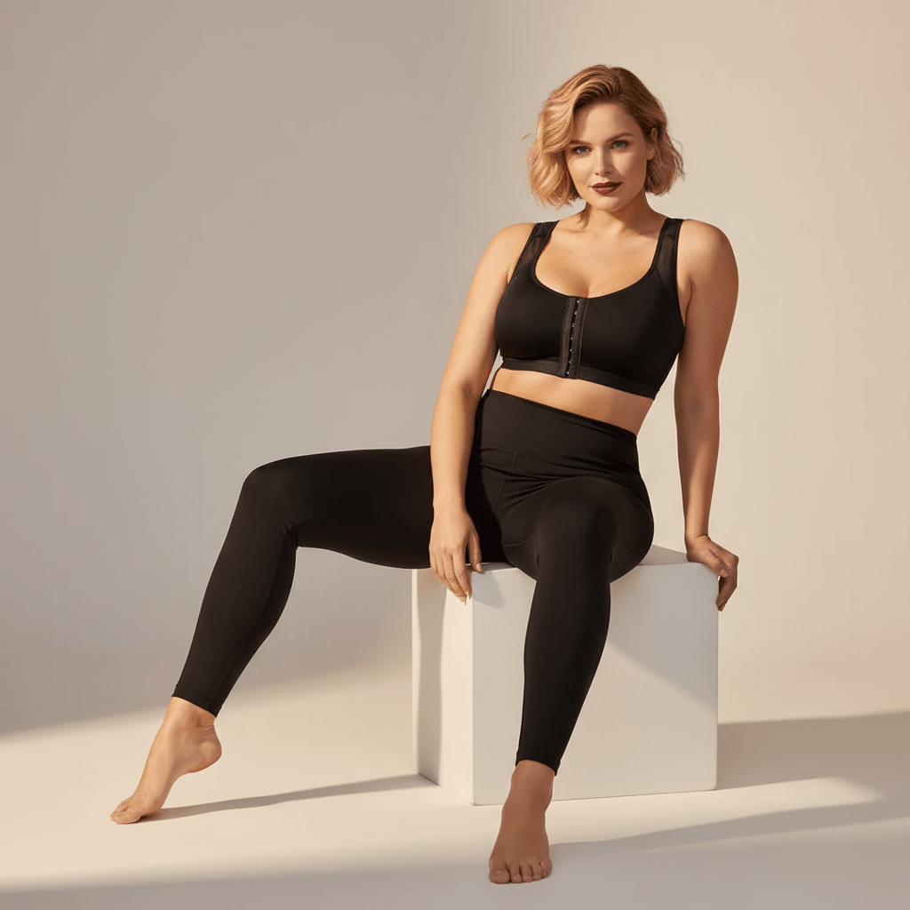  Brassière grande taille noire femme assise cube studio lifestyle confiance posture détendue