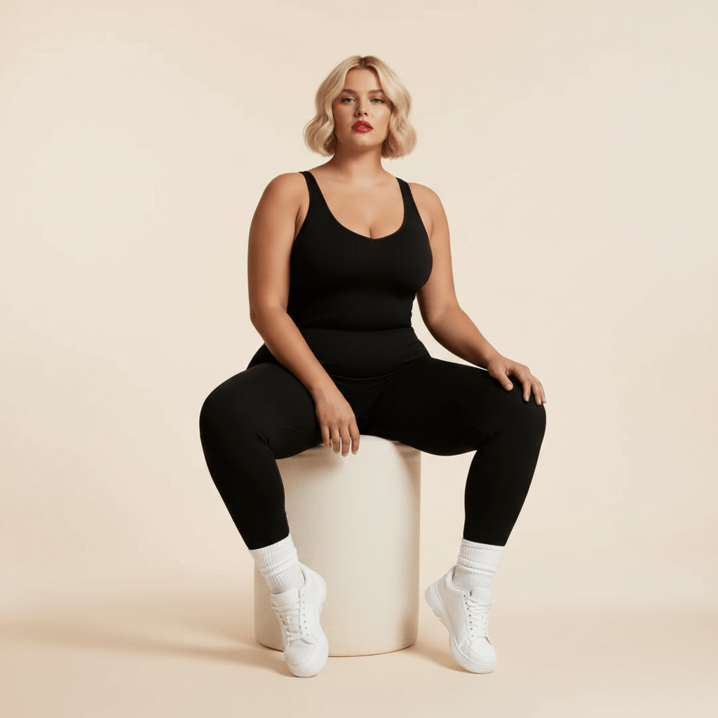 Combinaison sport femme grande taille noire seamless côtelée assise élégante cube crème fond studio