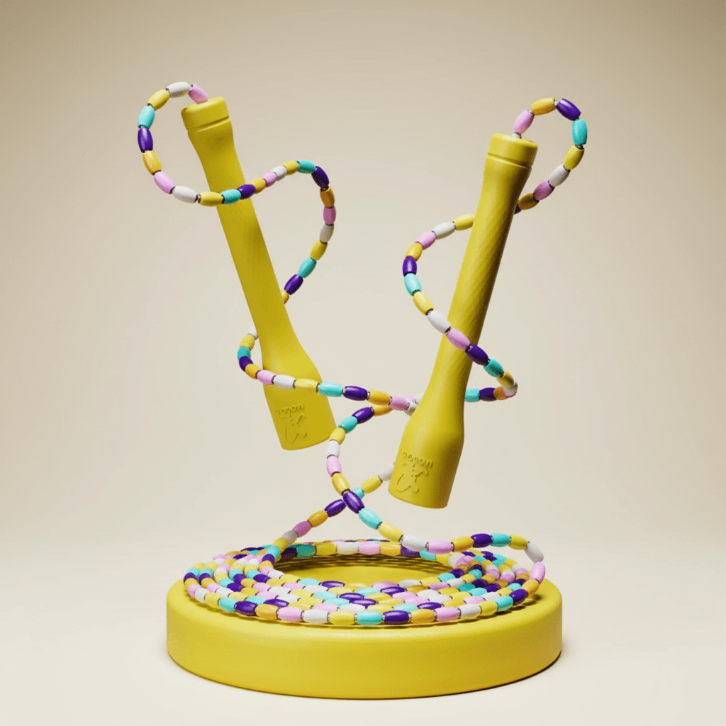 Corde à Sauter en Bambou Écologique, packshot produit star avec corde à perles multicolores et poignées jaunes, composition dynamique, studio ivoire doux premium