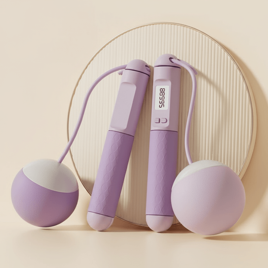 Corde à Sauter Sans Corde à Compteur violette, set produit avec disque strie en arriere plan, deux boules lestees, studio ivoire doux premium