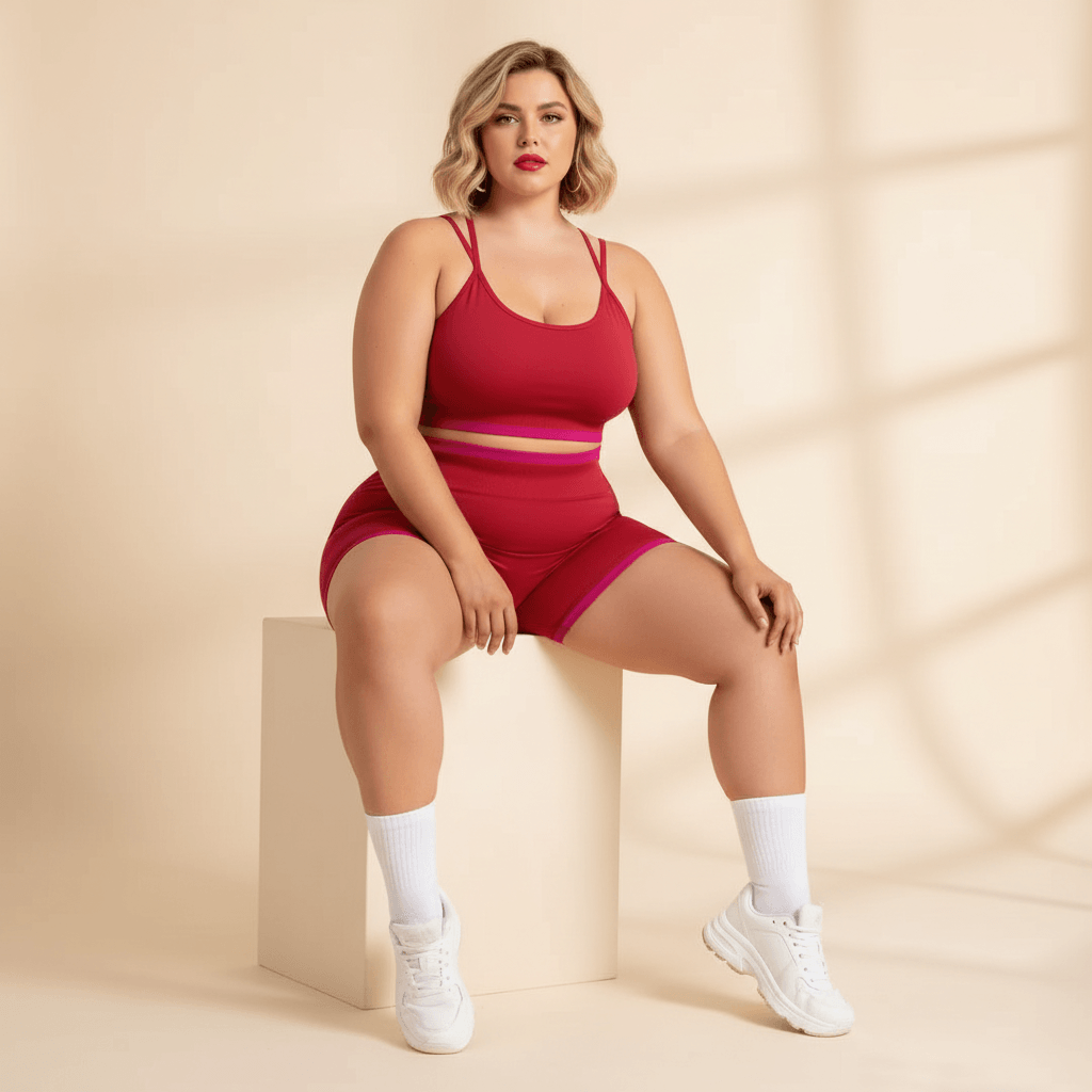 Ensemble sport grande taille femme rouge framboise fuchsia assise élégante cube crème fond studio