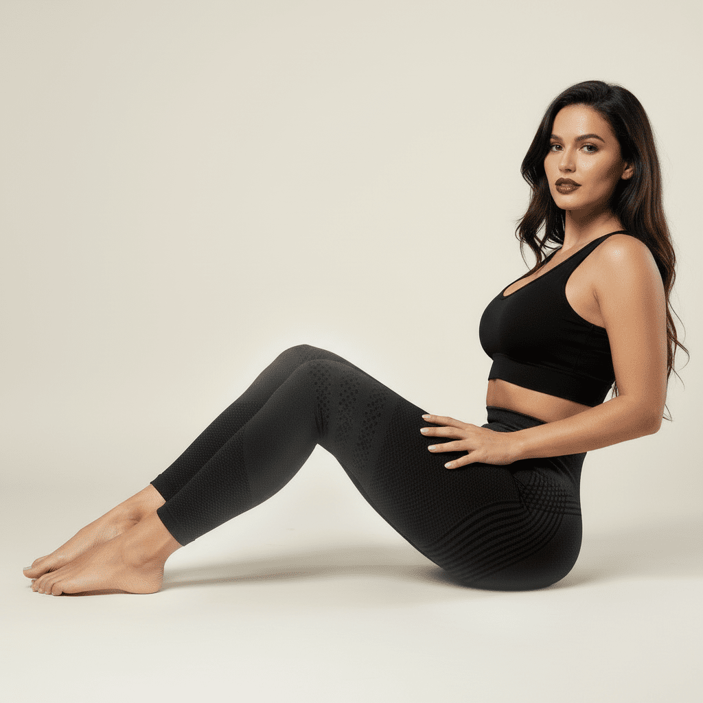 femme sportive portant un legging anti cellulite en pose élégante dans un studio minimaliste 