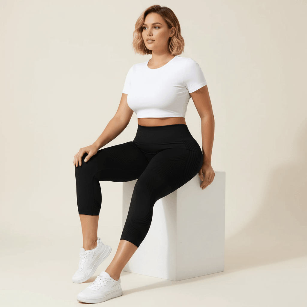 Legging Anti-Cellulite Capri 3/4 noir, pose assise sur cube, vue 3-4