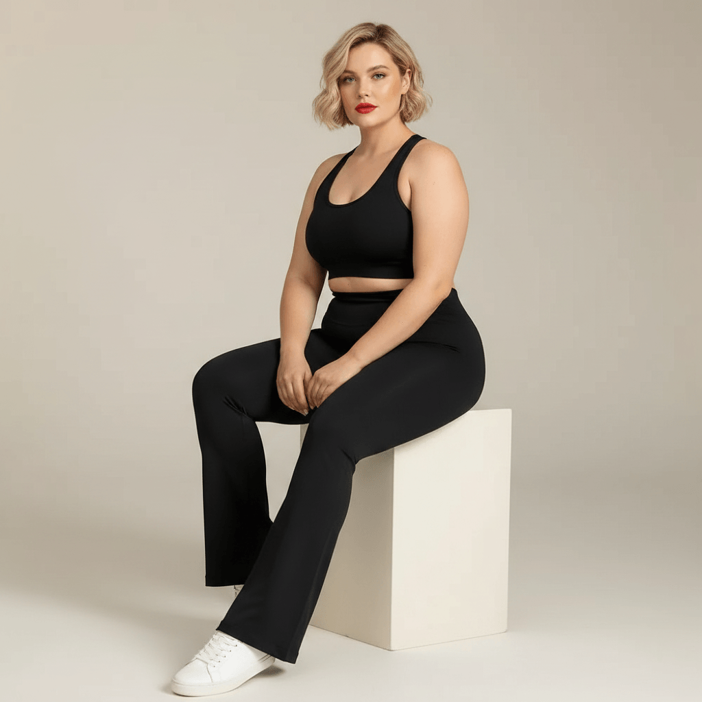 Legging flare grande taille noir taille haute assise élégante pose chic fond studio crème