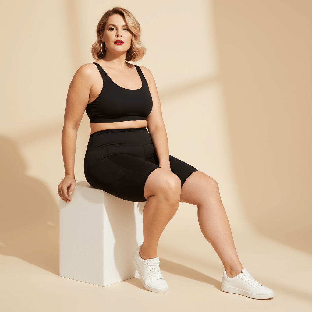 short-cycliste-sport-grande-taille-femme-noir-taille-haute-poches-assise-cube-studio