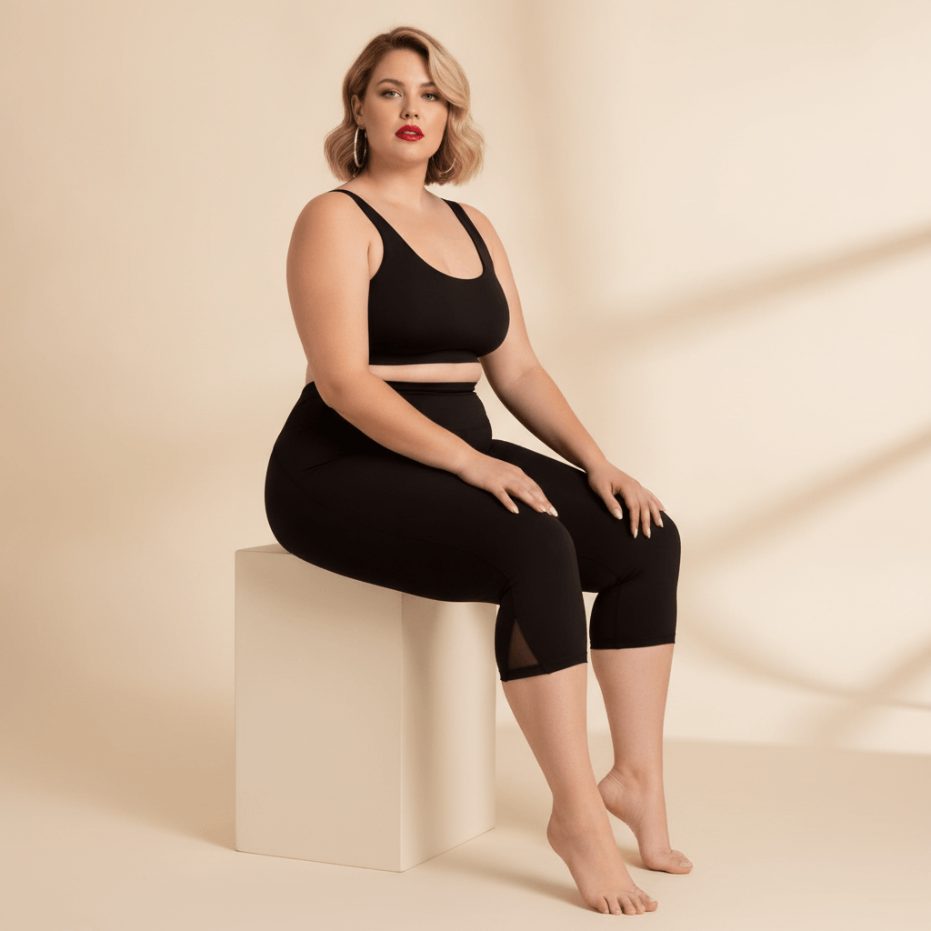Short long sport femme grande taille noir capri compression taille haute, pose assise élégante sur cube crème, mesh triangulaire côté visible, pieds nus, fond studio crème