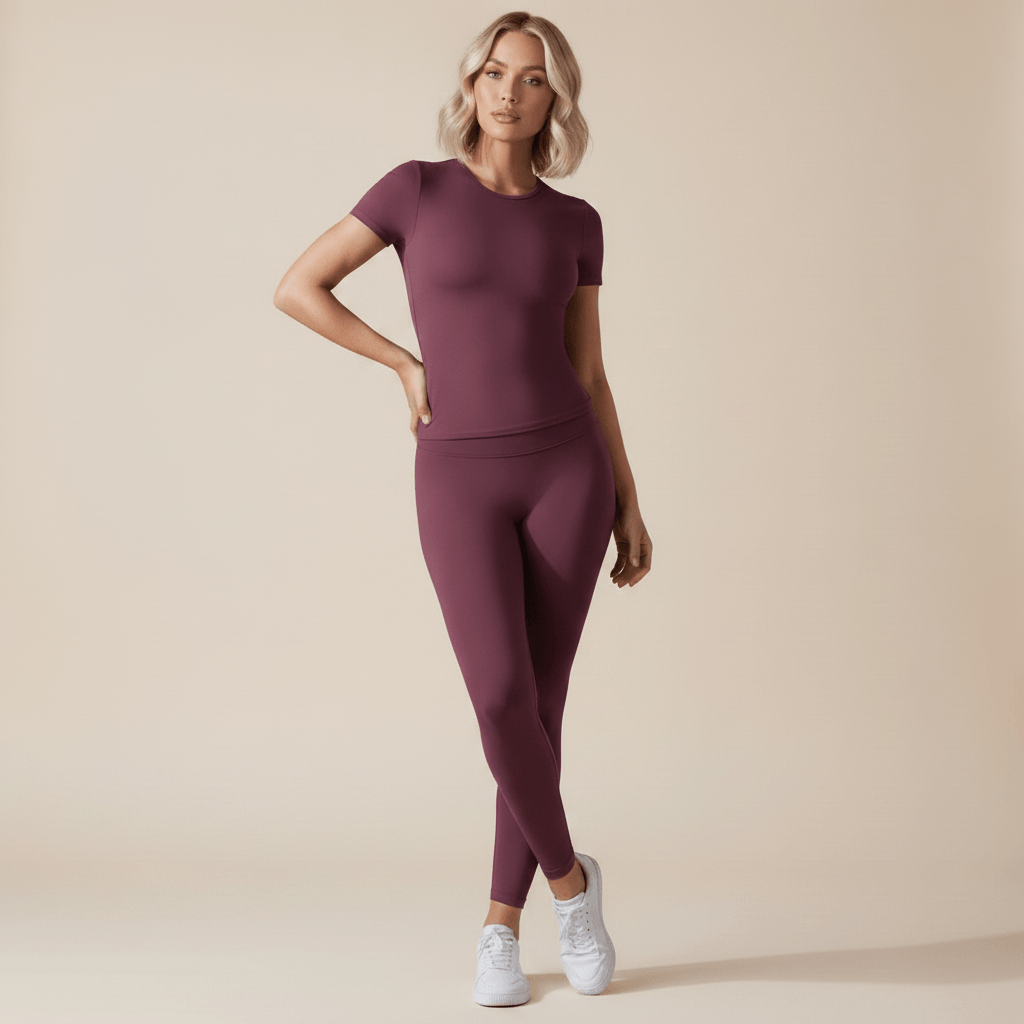 Tenue Yoga Femme mauve, top manches courtes et legging taille haute assorti, deuxieme vue de face fashion, mannequin blonde 39 ans carre wavy, studio ivoire doux