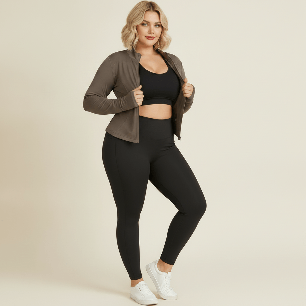 Veste sport grande taille femme taupe/moka ouverte, portée sur une brassière noire, pose fashion en studio fond crème, avec legging noir et baskets blanches.