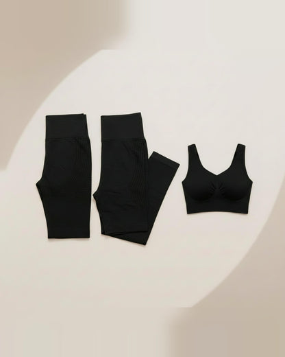 Contenu du pack anti-cellulite Positiflow : le short, le legging et la brassière offerte, en noir