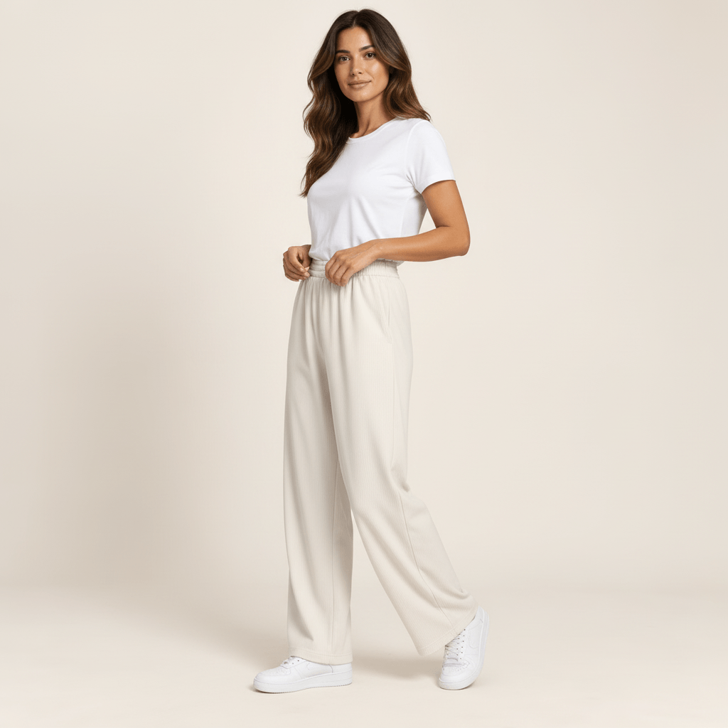 Pantalon sport femme ivoire vu de trois quarts, coupe large et texture côtelée fine