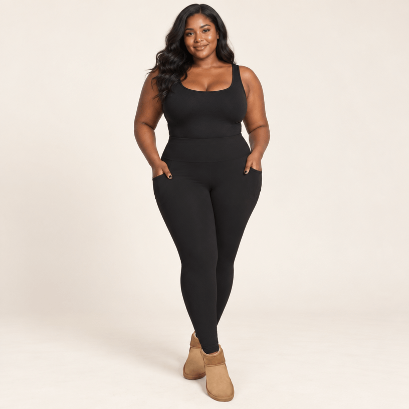 Collant polaire grande taille noir porté de face, mains dans les poches latérales, taille haute