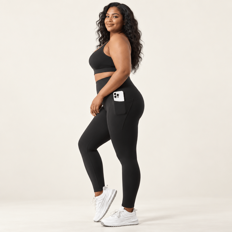 Legging randonnée femme grande taille noir de profil, téléphone dans la poche latérale profonde